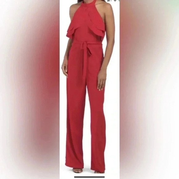 Bebe Double Ruffle Halter Neck Jumpsuit In burgundy Size 4- New With Tag - Picture 1 of 5